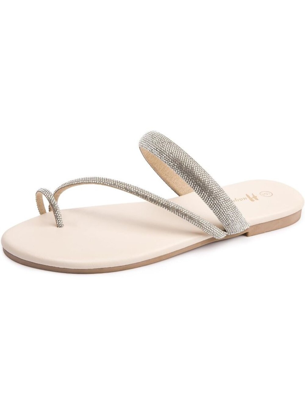 Women's Nude Rhinestone Slide Sandals Slip On Flats Round Toe Summer Dress Shoes